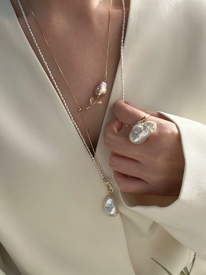 Keshi Pearl Chain Necklace with Baroque Drop