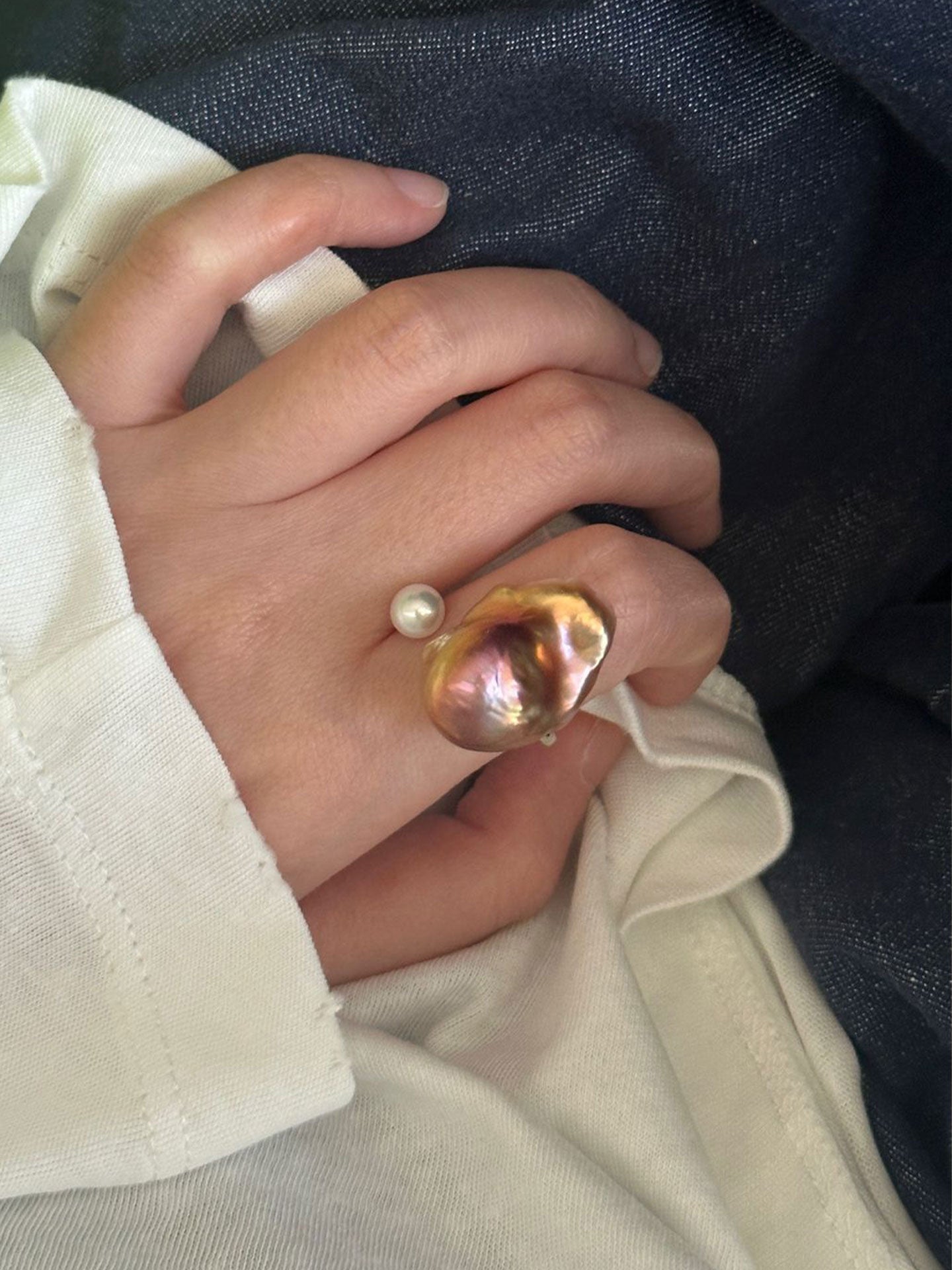 Baroque & Round Pearl S925 Silver Open Ring