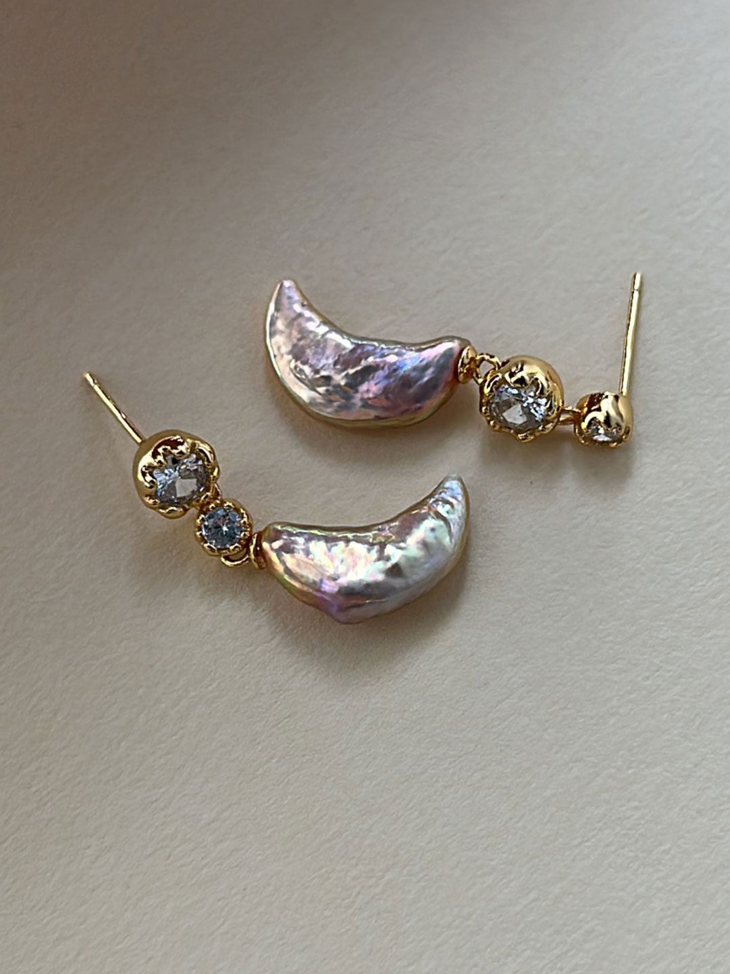 Asymmetric CZ Crescent Baroque Pearl Earrings