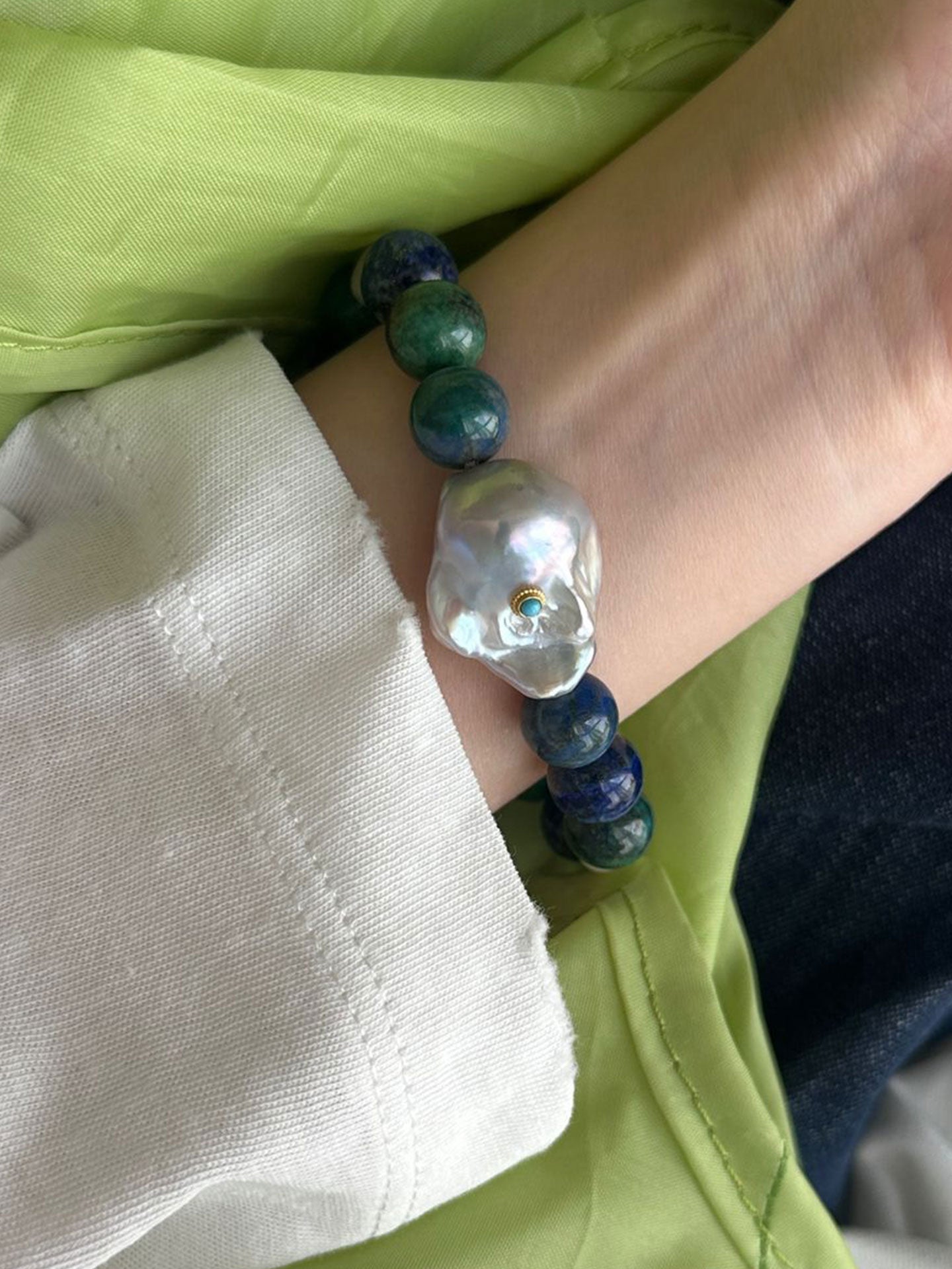 Lapis Lazuli Contrast Bracelet with Turquoise-Set Baroque Pearl