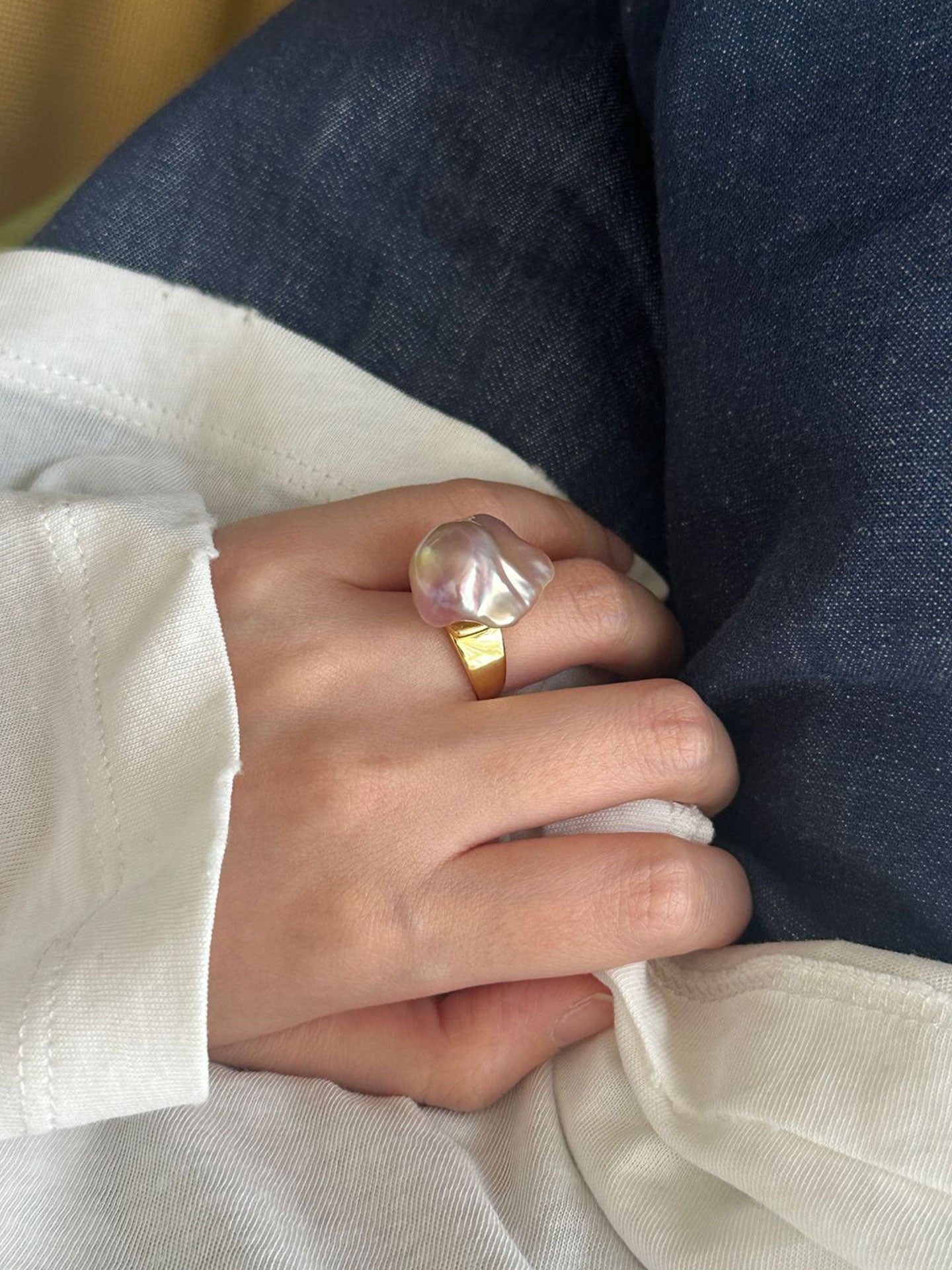 Baroque Pearl Wide Band Adjustable Ring