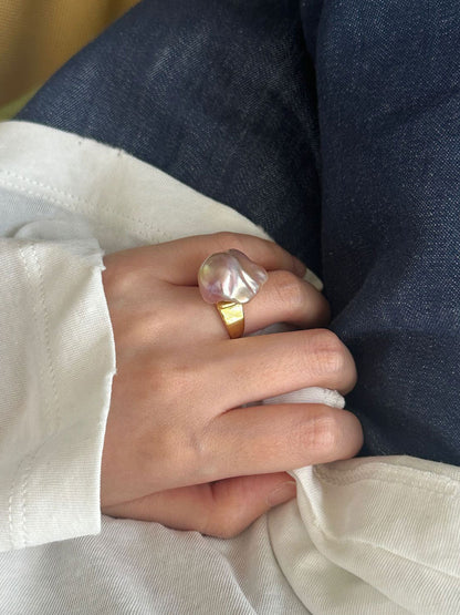 Baroque Pearl Wide Band Adjustable Ring
