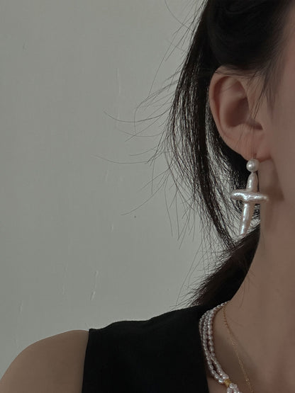 White Cross Baroque Drop Earrings