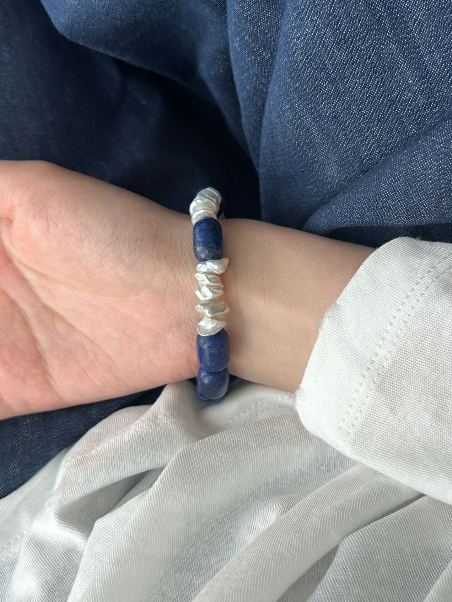Lapis Lazuli & Baroque Pearl Stretch Bracelet