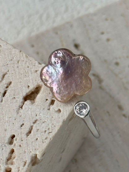 Plum Blossom Baroque Pearl & CZ Open Gold/Silver Ring