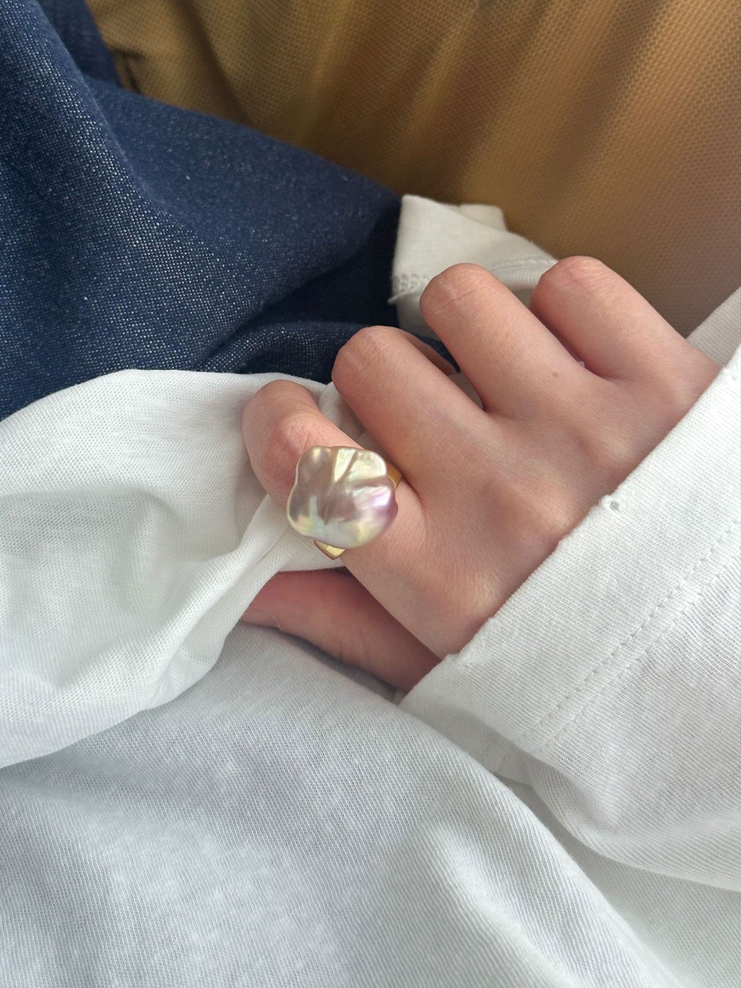 Baroque Pearl Wide Band Adjustable Ring