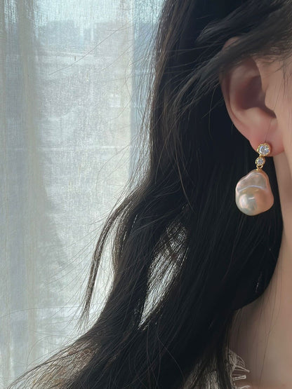 Asymmetric CZ & Iridescent Baroque Pearl Drop Earrings