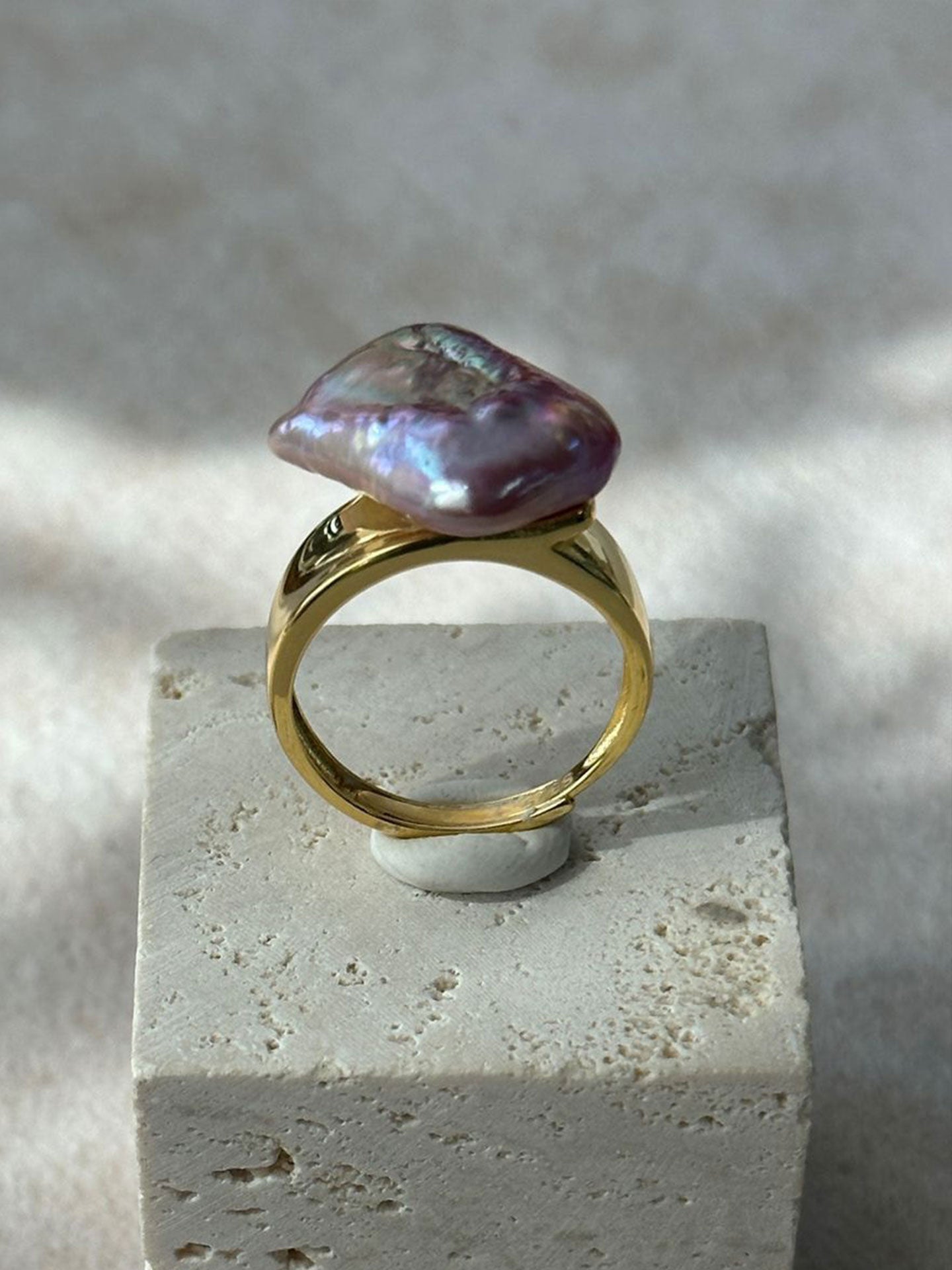 Rectangular Purple Baroque Pearl Adjustable Open Ring
