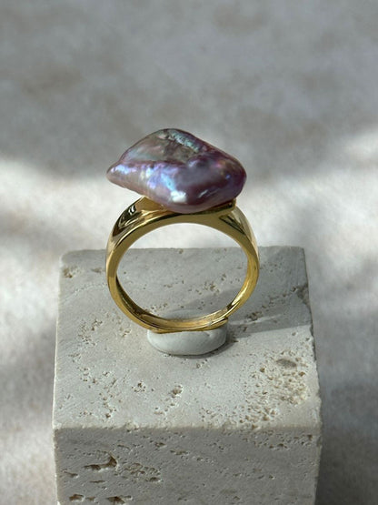 Rectangular Purple Baroque Pearl Adjustable Open Ring