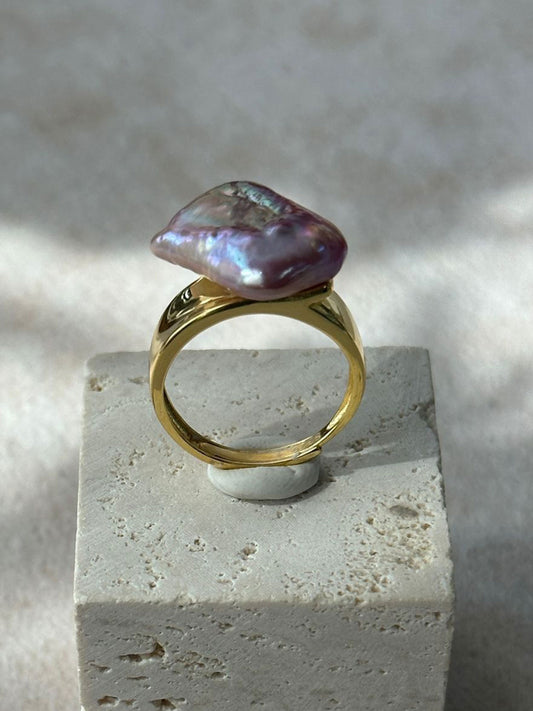 Rectangular Purple Baroque Pearl Adjustable Open Ring