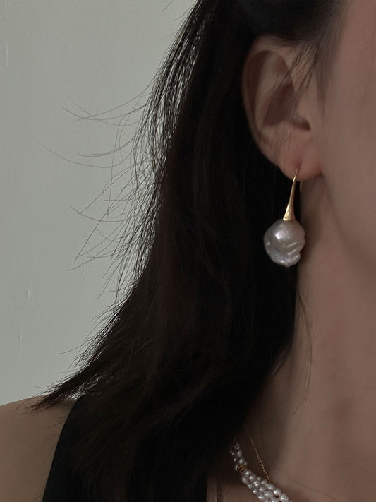 18K Gold-Plated Long Hook Earrings with Iridescent Baroque Pearl