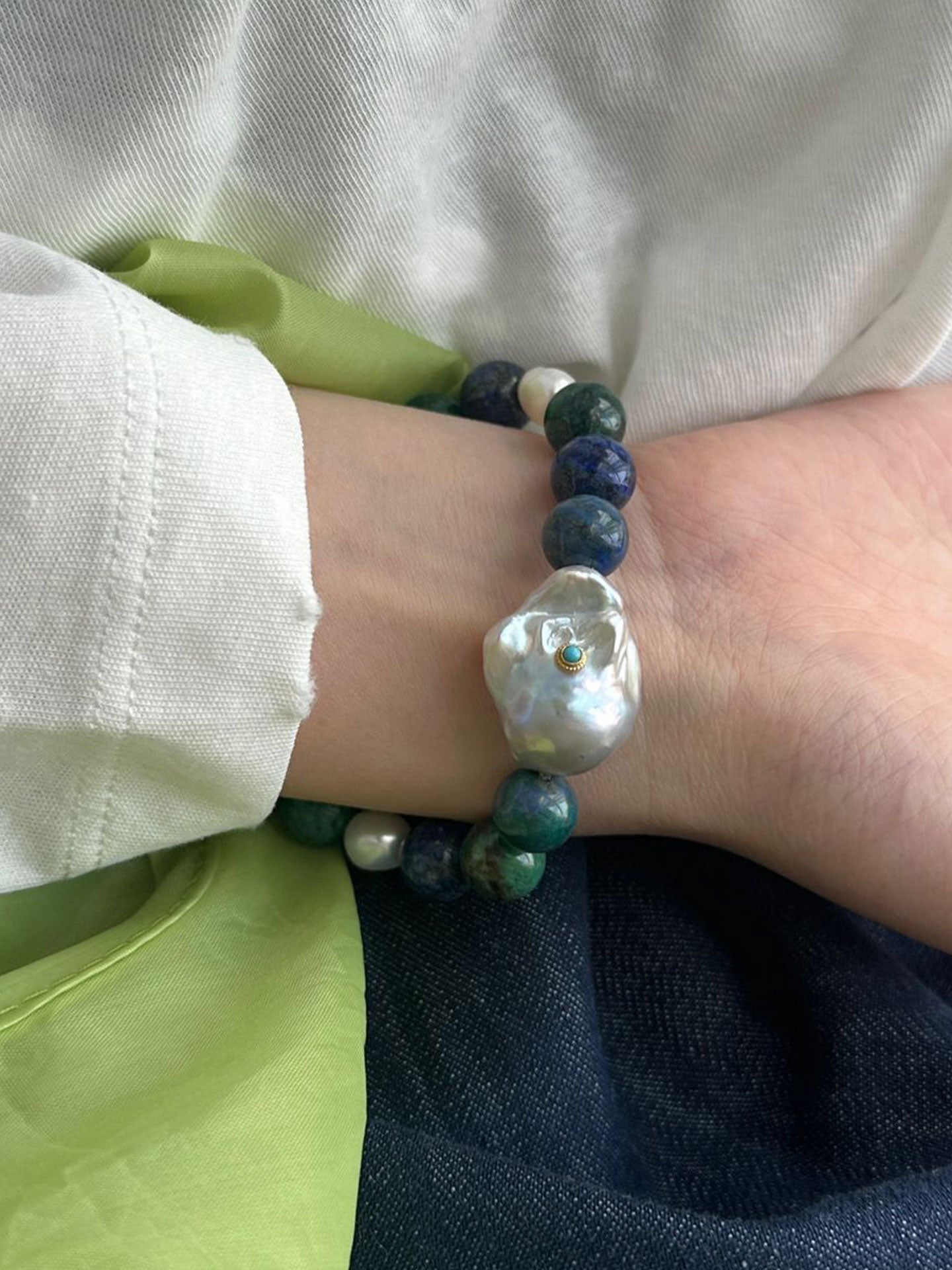Lapis Lazuli Contrast Bracelet with Turquoise-Set Baroque Pearl