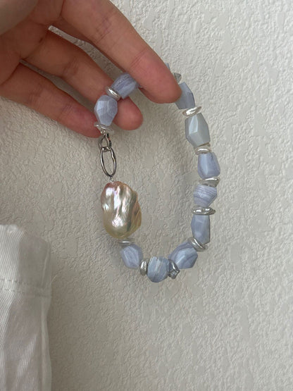Baroque Pearl Featured Blue Lace Agate Bracelet