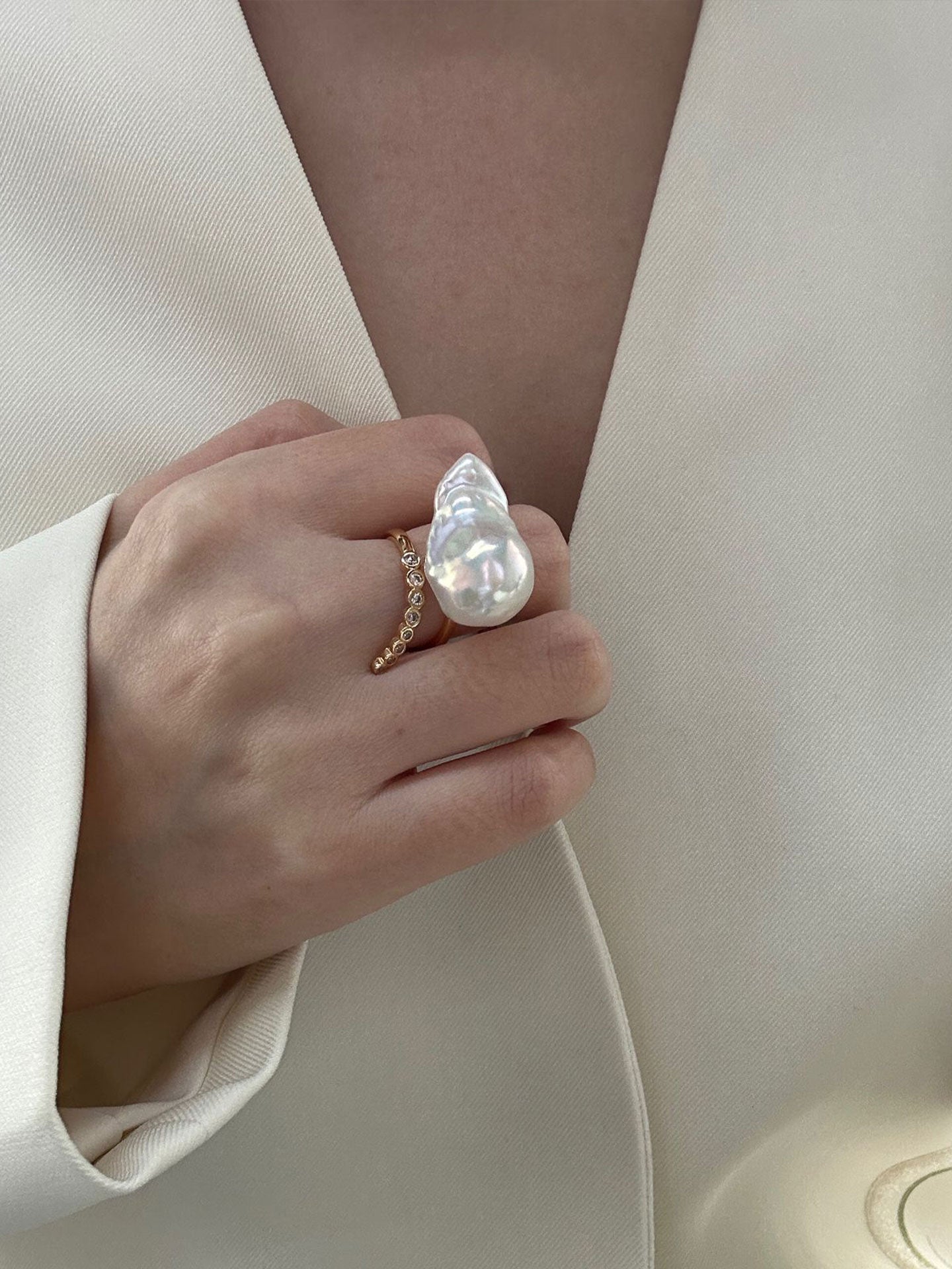 Large Baroque Pearl & Pavé CZ Bar 18K Gold-Plated Open Ring