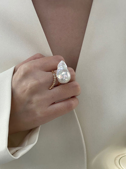 Large Baroque Pearl & Pavé CZ Bar 18K Gold-Plated Open Ring
