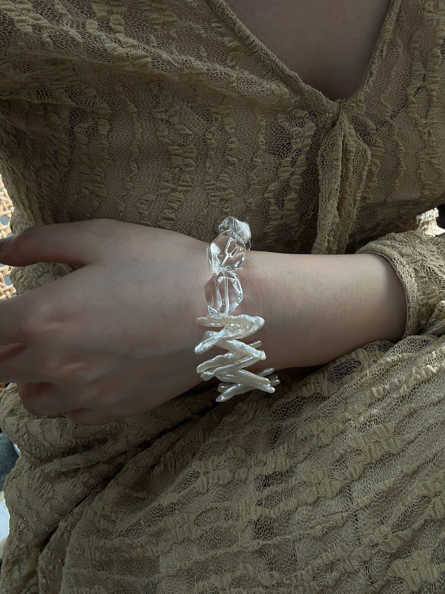 Wave & Ice — Clear Quartz & Baroque Pearl Bracelet