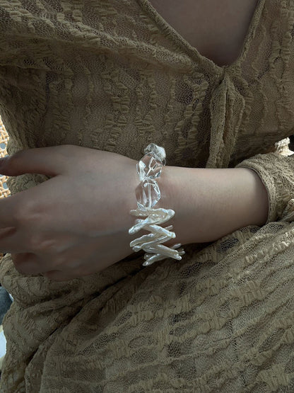 Wave & Ice — Clear Quartz & Baroque Pearl Bracelet