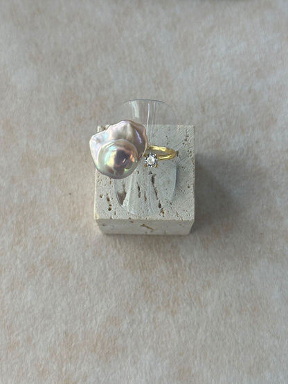 Scallop Baroque Pearl & Prong CZ Open Ring