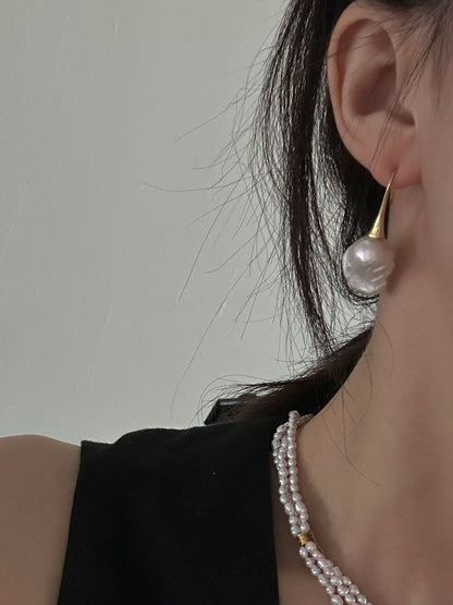 18K Gold-Plated Long Hook Earrings with Iridescent Baroque Pearl