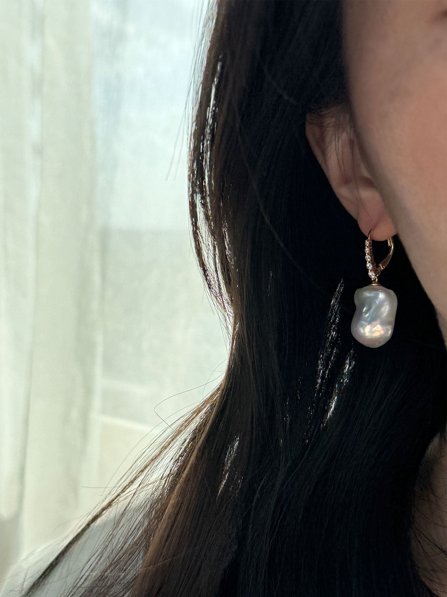 Baroque Pearl Drop Earrings with 18K Gold-Plated Graduated CZ Line Hoop