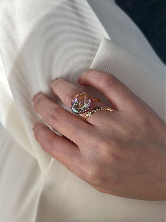 Violet Petal Baroque Pearl Open Ring